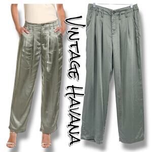 Vintage Havana Satin Pleated Wide Leg Pants Sage Green Trouser M Luxe Elevated